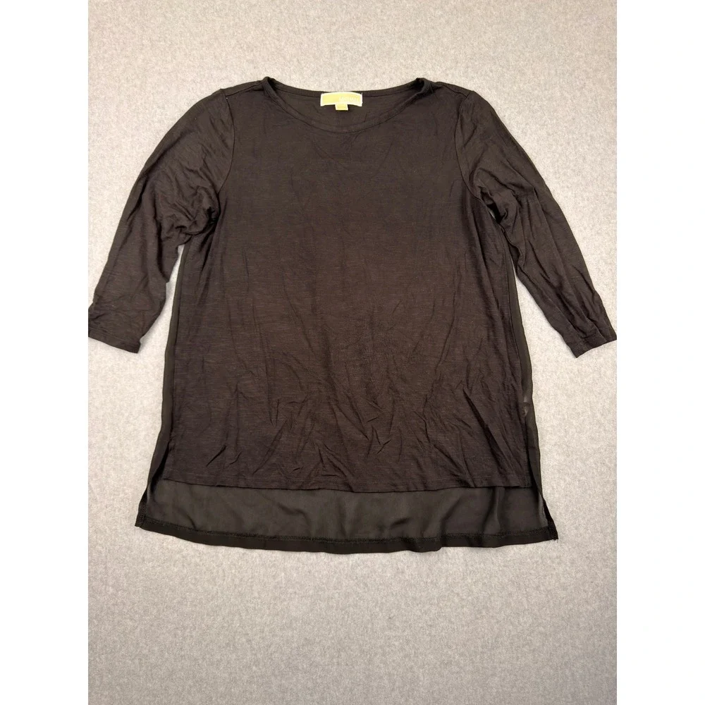 Michael Kors Womens Black Mixed Media 3/4 Sleeve High Low Knit Woven Top Size M